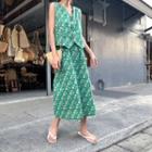 Set: Patterned Buttoned Vest + Midi A-line Skirt Set - As Shown In Figure - One Size