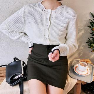 Scallop-edge Faux-pearl Pointelle-knit Cardigan