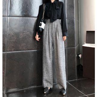 Tie-neck Long-sleeve Blouse / High-waist Wide-leg Pants