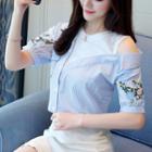 Embroidered Short-sleeve Mock Two-piece Shirt