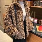 Stand Collar Leopard Print Zip Furry Jacket
