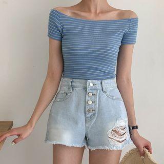 Off-shoulder Stripe Crop T-shirt