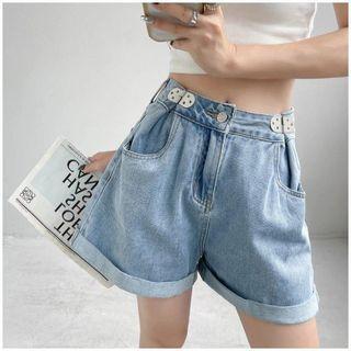 Mid Rise Buckled Roll Up Denim Shorts