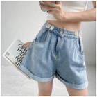 Mid Rise Buckled Roll Up Denim Shorts