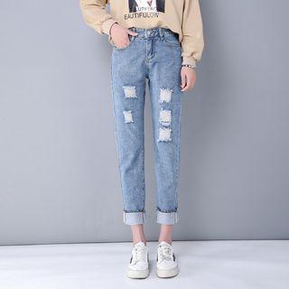 Distressed Cropped Straight-cut Jeans