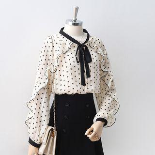 Long-sleeve Dotted Ruffled Chiffon Top