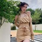 Long-sleeve Cold Shoulder Corset Top / Mini Skirt