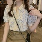 Puff-sleeve Lace Trim Floral Shirt White - One Size