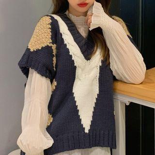Plain Blouse / Color Block Sweater Vest