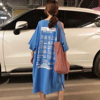 3/4-sleeve Cold Shoulder Print Midi T-shirt Dress
