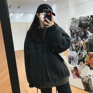 Drawstring Hem Stitched Stand Collar Zip Jacket