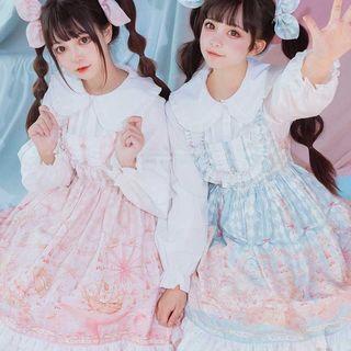 Printed Ruffle Overall Dress / Bow Hair Clip