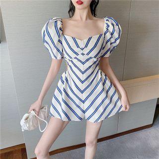 Striped Puff-sleeve Playsuit
