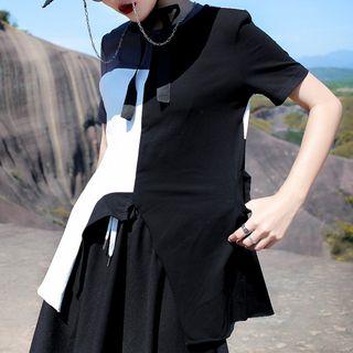 Color-block Asymmetric Short-sleeve Top