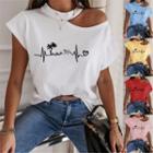Cap-sleeve Cold-shoulder Tree Print T-shirt
