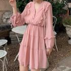 Balloon-sleeve V-neck Chiffon Mini A-line Dress