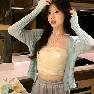 Asymmetrical Mesh Camisole Top / Ribbed Cardigan