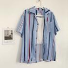 Color-block Striped Single-breasted Short-sleeve Blouse Blue - One Size