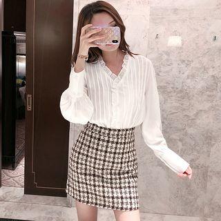Set: Long-sleeve V-neck Top + Mini Plaid A-line Skirt