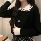 Two-tone Collared Buttoned Knit Top