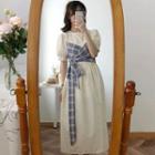 Short-sleeve Mock Two-piece Plaid Midi A-line Dress Plaid - Blue & White - One Size