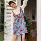 Mock-neck Blouse / Flower Print Knit Mini Overall Dress