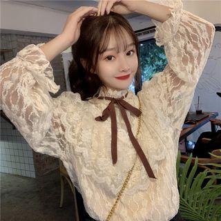 Tie-neck Bell-sleeve Lace Blouse Almond - One Size