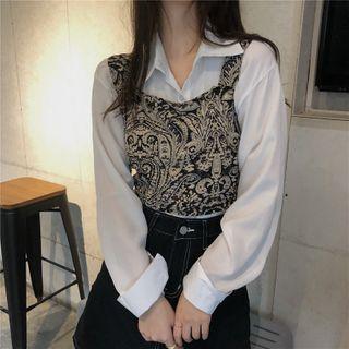 Long-sleeve Plain Shirt / Patterned Cropped Tank Top