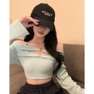 Long-sleeve Halter Neck Top / High Waist Wide Leg Pants