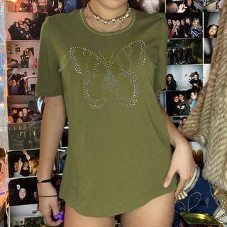 Short Sleeve Butterfly Rhinestone Long T-shirt