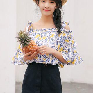 Elbow-sleeve Cold Shoulder Print Top
