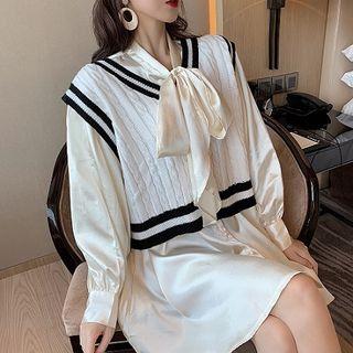 Long-sleeve Mini Shirtdress / Cable-knit Vest