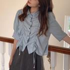 Short Sleeve Drawstring Denim Shirt Light Blue - One Size