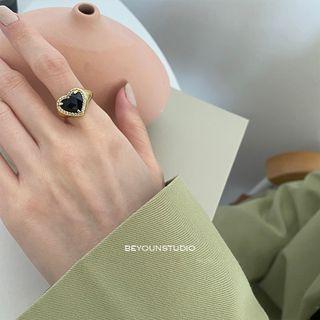Heart Alloy Open Ring E411 - Black & Gold - One Size