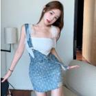 Bow Accent Camisole Top / Distressed Denim Mini Overall Dress