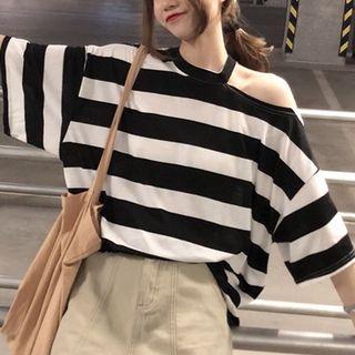 3/4-sleeve Cutout Striped T-shirt