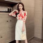 Puff-sleeve Floral Print Blouse / A-line Skirt