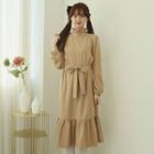 Flounced Long Dress & Sash Beige - One Size