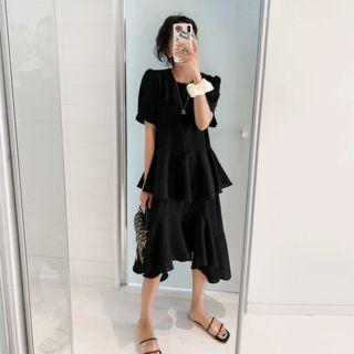 Puff-sleeve Tiered-hem Dress