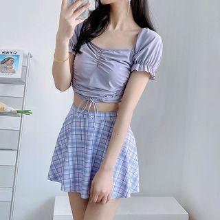 Set: Puff-sleeve Swim Top + Plaid Swim Skirt
