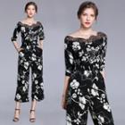 Lace Trim Elbow Sleeve Wide Leg Jumpsuit