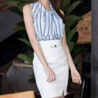 Sleeveless Striped Chiffon Top / Mini Fitted Skirt