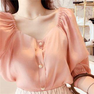 Puff-sleeve Blouse / Print High-waist Skirt