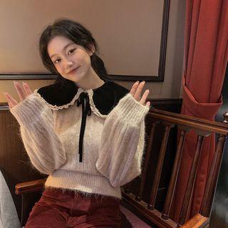 Color-block Lace Bow Blouse White - One Size