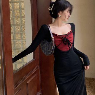Long-sleeve Scoop-neck Midi Sheath Dress