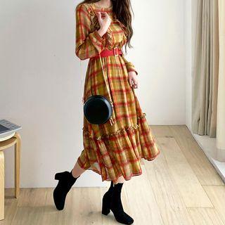 Belted Frill-trim Plaid Midi Chiffon Dress