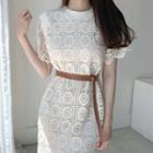 Short-sleeve Midi Lace Dress White - One Size