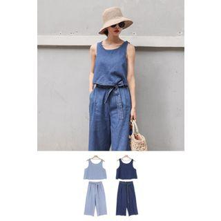 Set: Sleeveless Denim Top + Wide-leg Pants With Sash