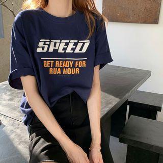 Short-sleeve Lettering T-shirt Navy Blue - One Size