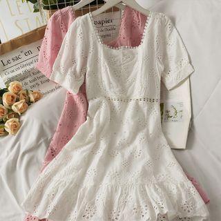 Eyelet Square-neck Ruffled Midi Dress